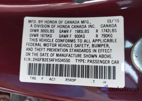 2015 Honda Civic Lx z USA, uszkodzony, nr VIN 2HGFB2E54FH534550